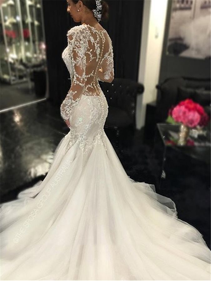 Sexy Mermaid Wedding Dress with Sleeves, Bridal Gown ,Dresses For Brides