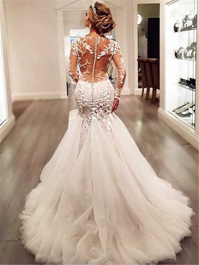Sexy Mermaid Wedding Dress with Sleeves, Bridal Gown ,Dresses For Brides