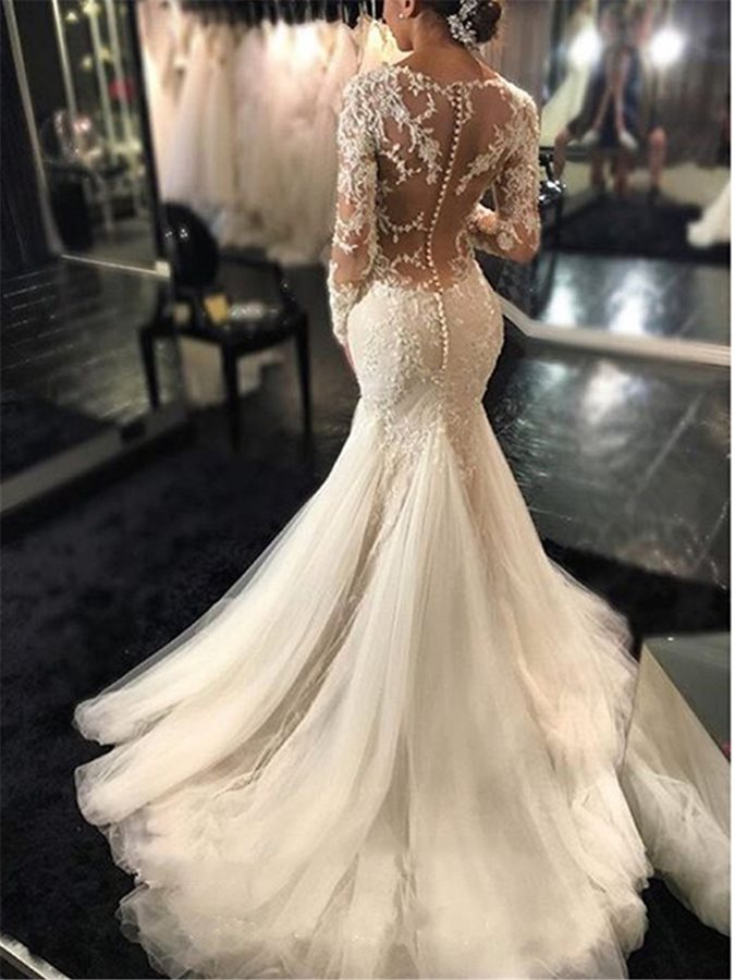 Sexy Mermaid Wedding Dress with Sleeves, Bridal Gown ,Dresses For Brides