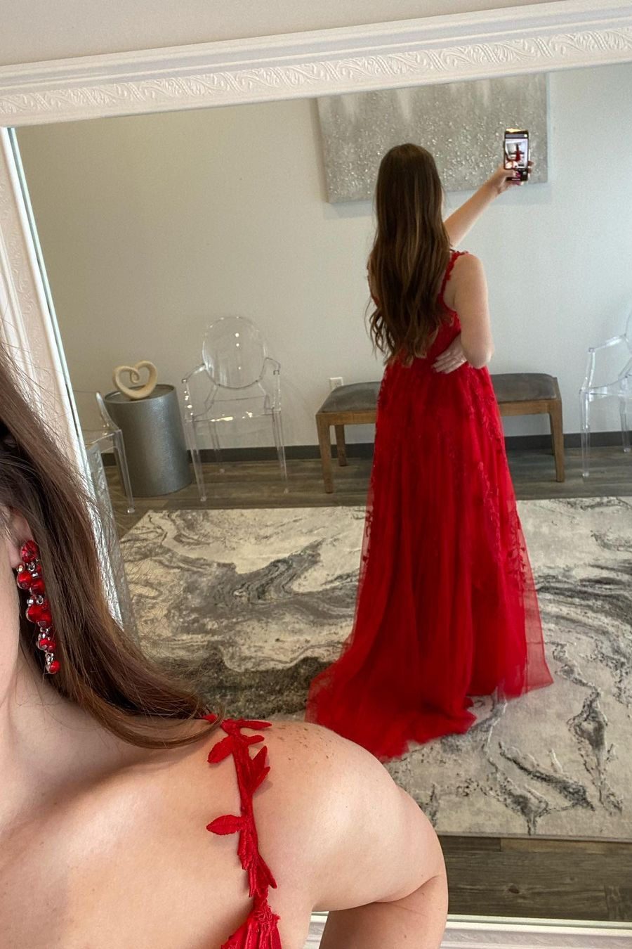 Straps Red Leaf Lace Long Prom Dress with Pearls