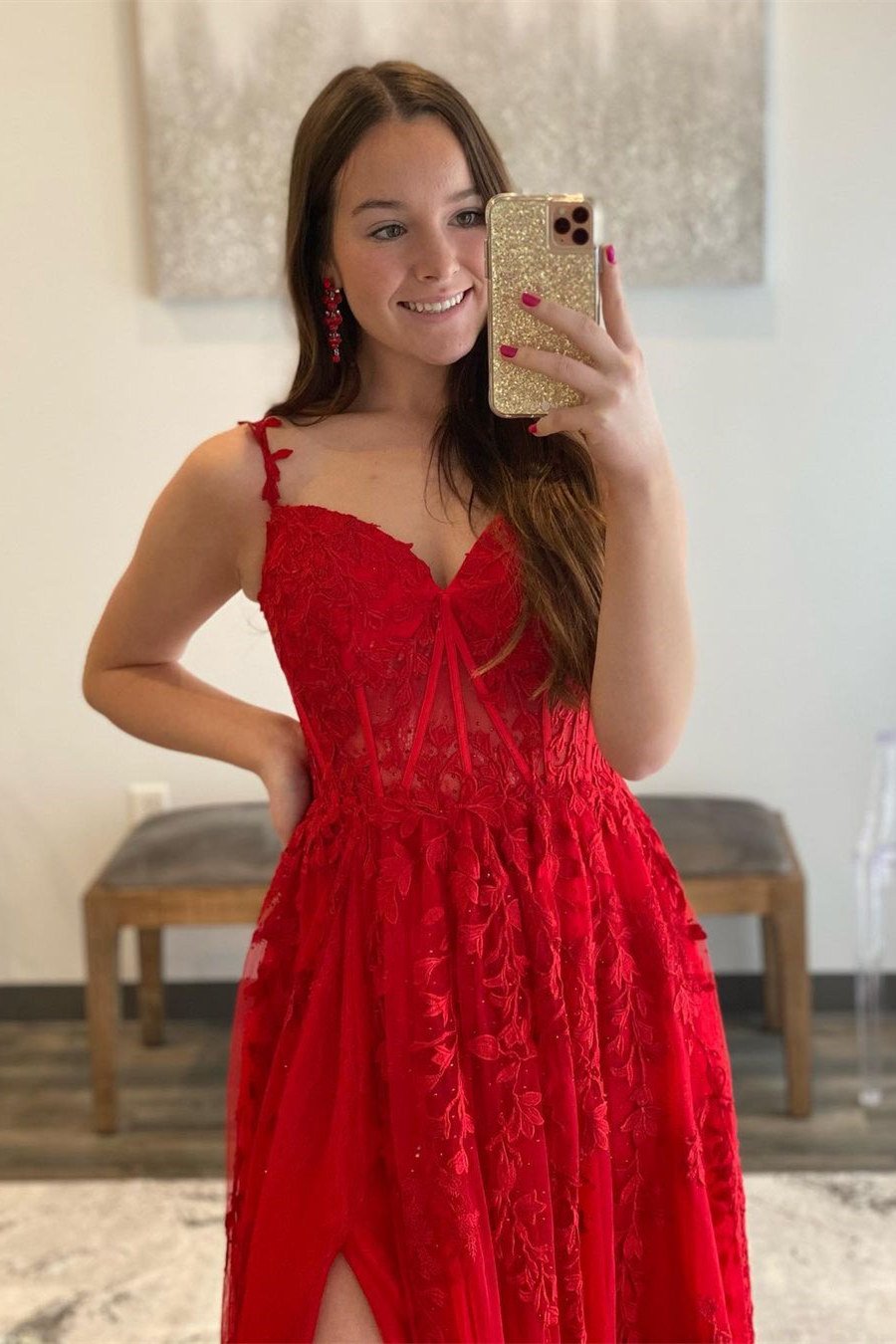 Straps Red Leaf Lace Long Prom Dress with Pearls
