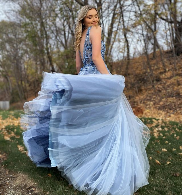 V-neck Tulle Long Prom Dress with Appliques and Beading,Prom Dresses,Pageant Dress