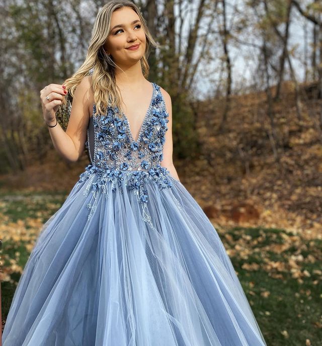 V-neck Tulle Long Prom Dress with Appliques and Beading,Prom Dresses,Pageant Dress