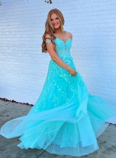 Off the Shoulder Leaf Lace Long Prom Dress with Pearls and Sheer Corset Bodice