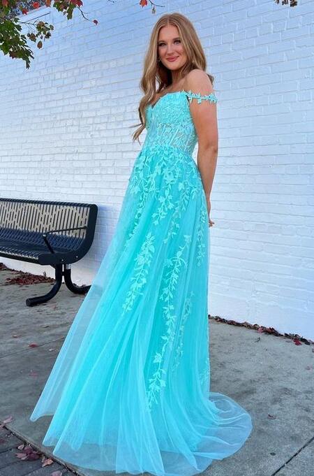 Off the Shoulder Leaf Lace Long Prom Dress with Pearls and Sheer Corset Bodice