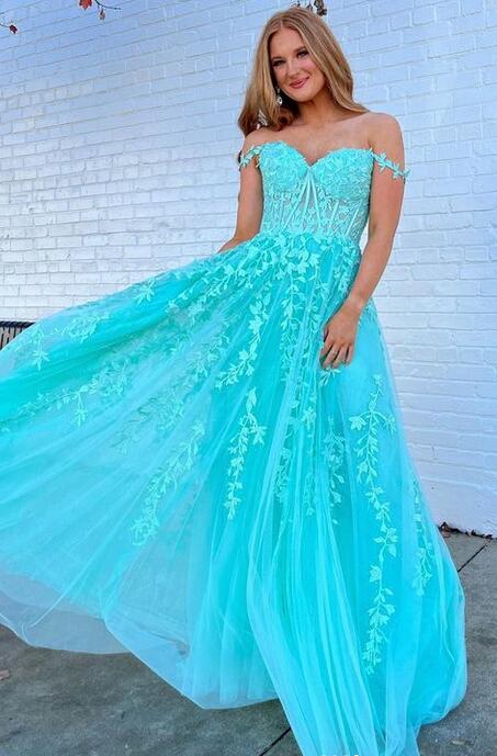 Off the Shoulder Leaf Lace Long Prom Dress with Pearls and Sheer Corset Bodice