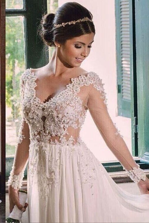 Chiffon Wedding Dress with Pearls, Bridal Gown ,Dresses For Brides
