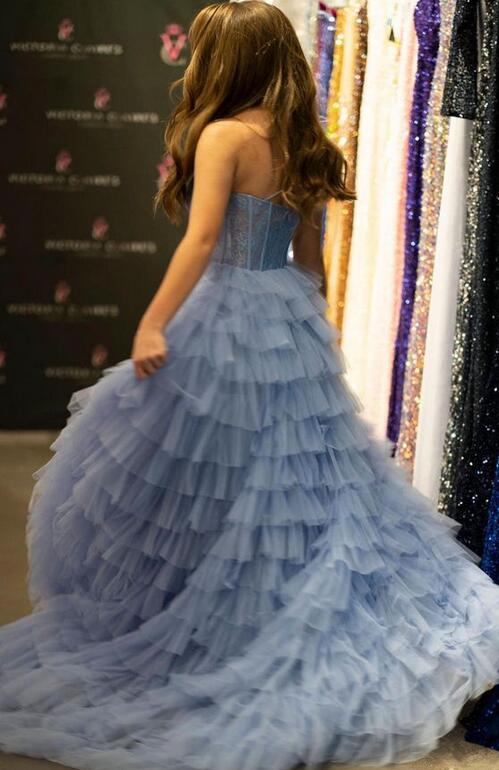 One Shoulder Tulle Long Prom Dress with Lace Bodice and Slit