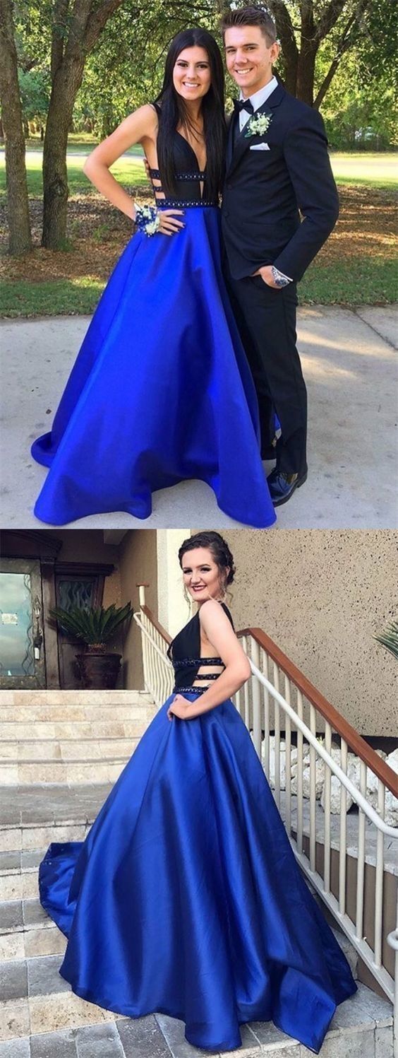 A Line Prom Dress Royal Blue and Black, Evening Dress, Formal Dresses, Graduation School Party Dance Dress
