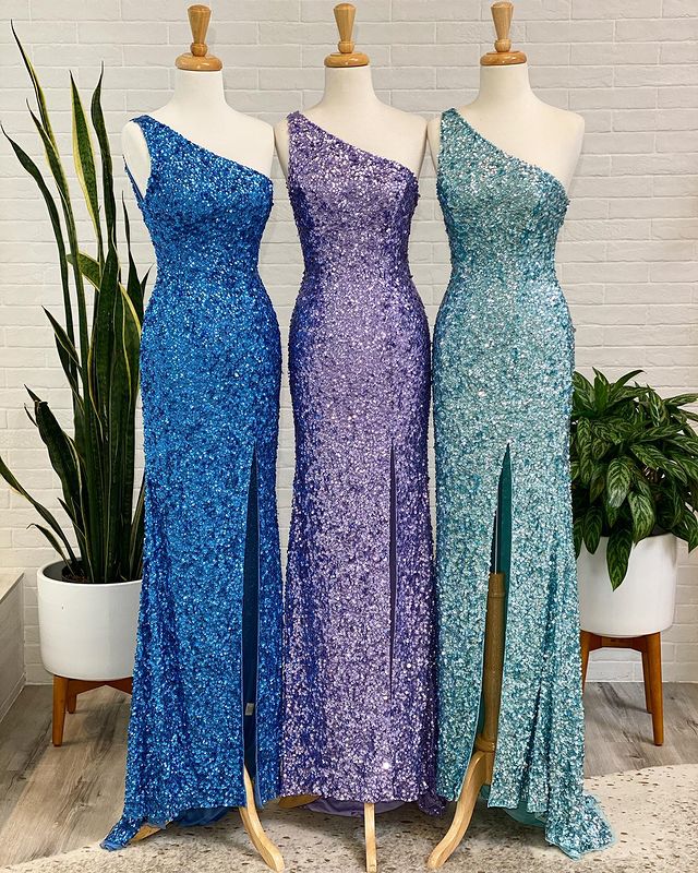 One Shoulder Sparkly Long Prom Dresses with Slit,Formal Dresses,Charming Dance Dress