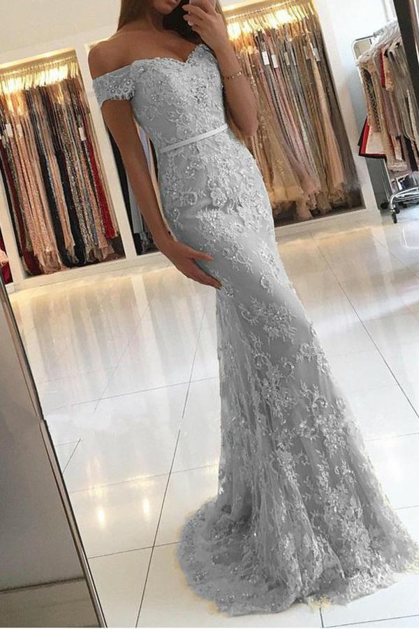 Silver Grey Lace Prom Dress, Evening Dress, Formal Dresses, Graduation School Party Dance Dress