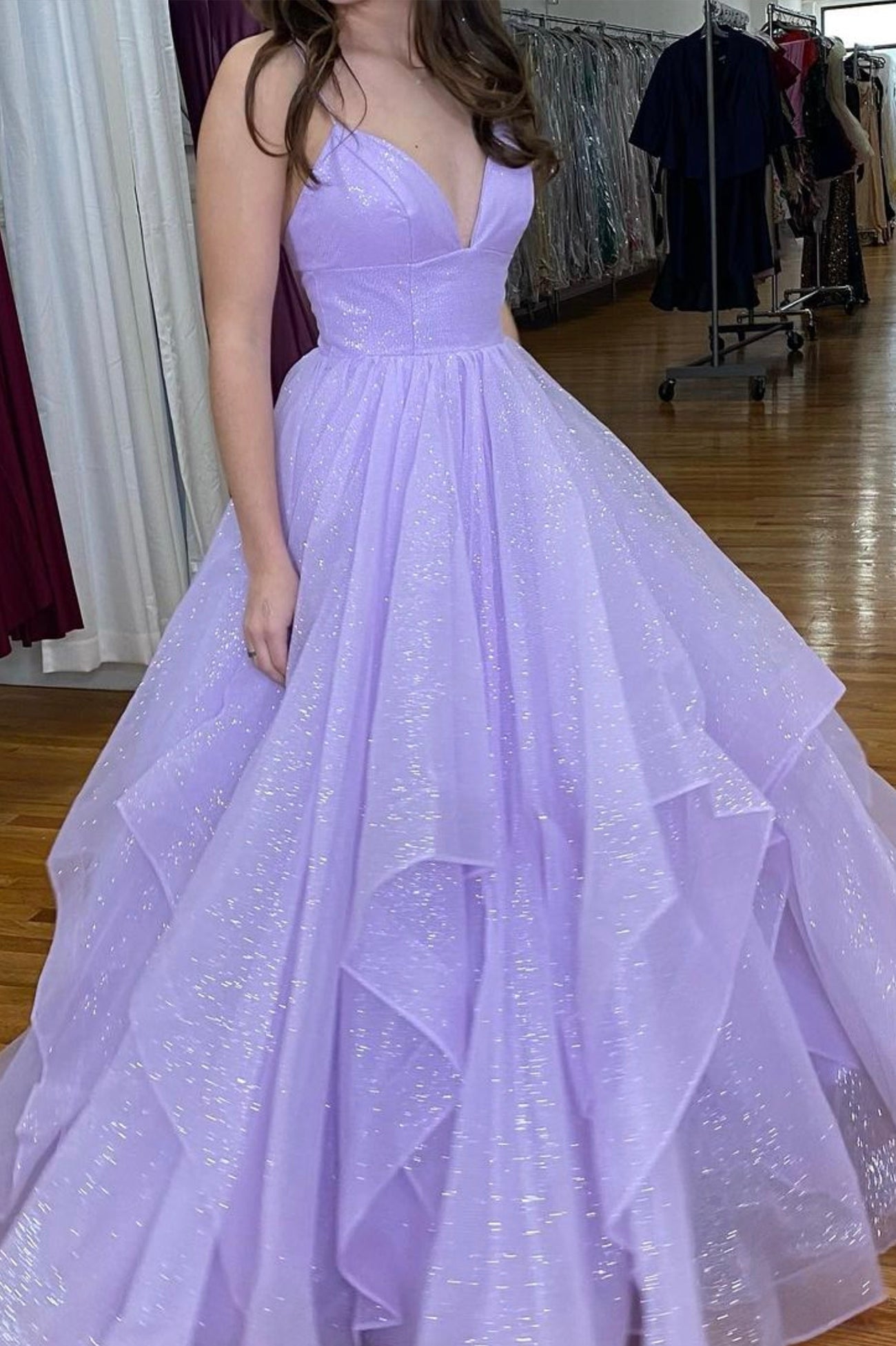 Straps Sparkling Ball Gown Long Prom Dress with Lace-up Back