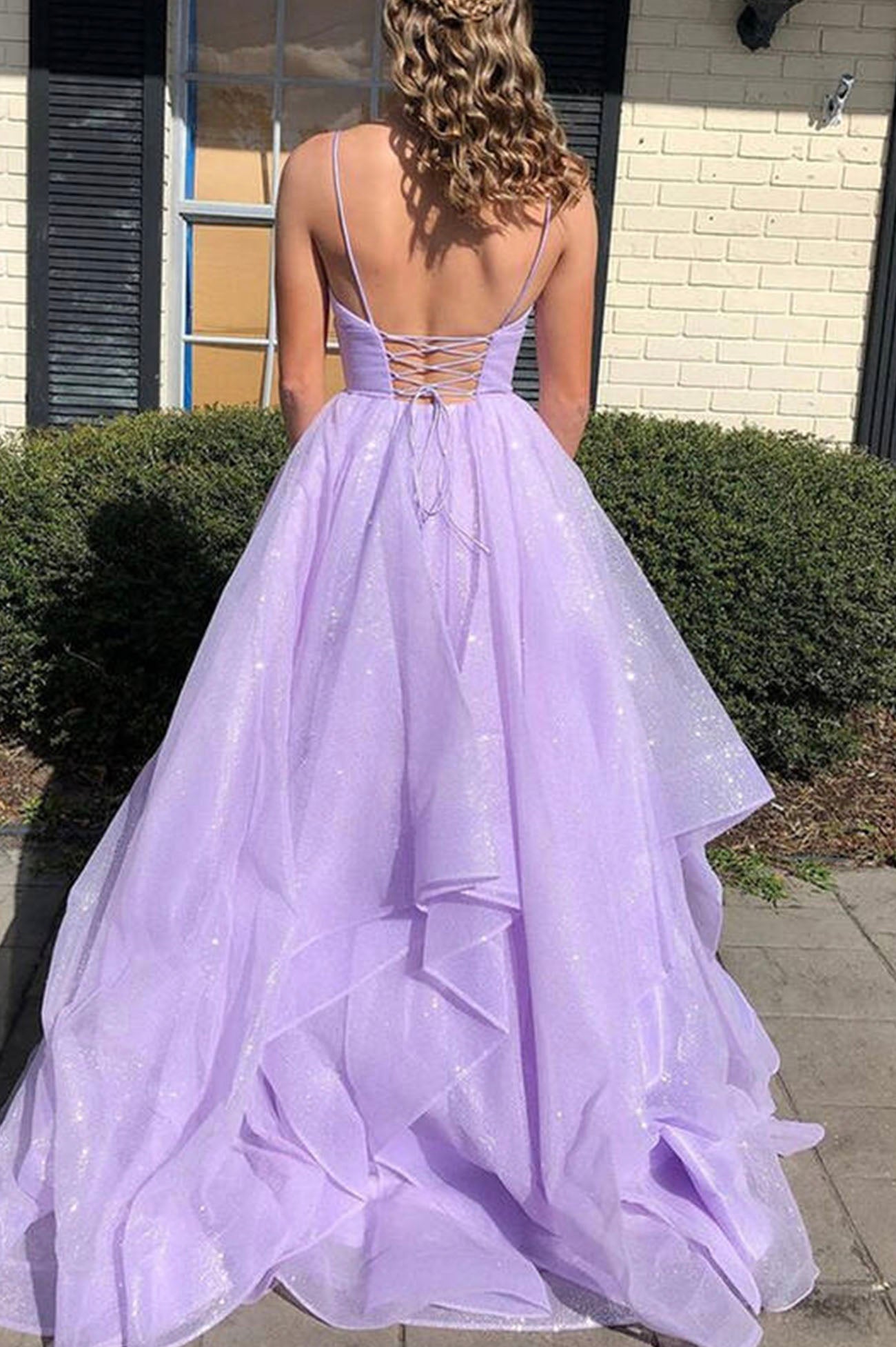 Straps Sparkling Ball Gown Long Prom Dress with Lace-up Back
