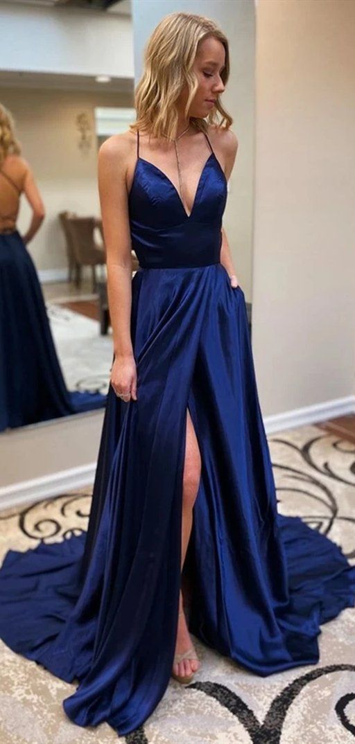 Navy Prom Dress with Slit, Special Occasion Dress, Evening Dress, Dance Dresses, Graduation School Party Gown