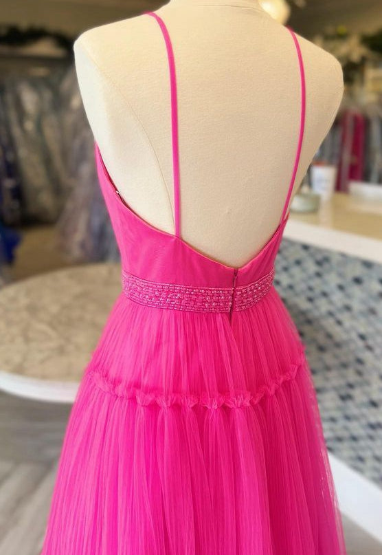 Straps Open Back Tulle Long Prom Dress