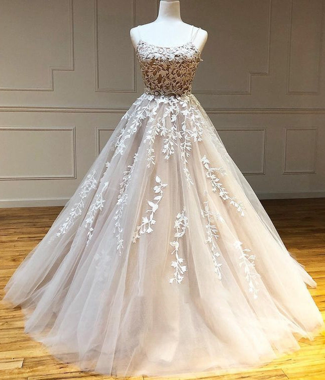 Straps Leaf Lace Ball Gown Long Prom Dresses