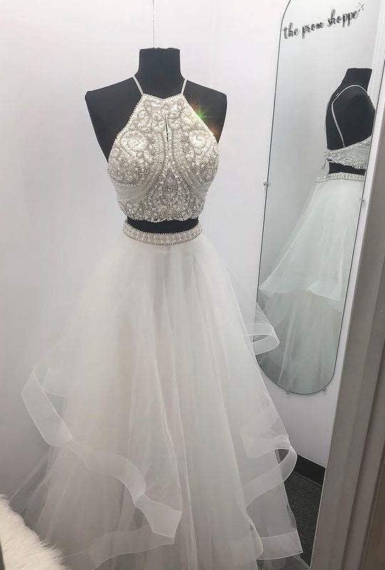 Two Pieces Prom Dress Long with Beading,Prom Dresses,Pageant Dress