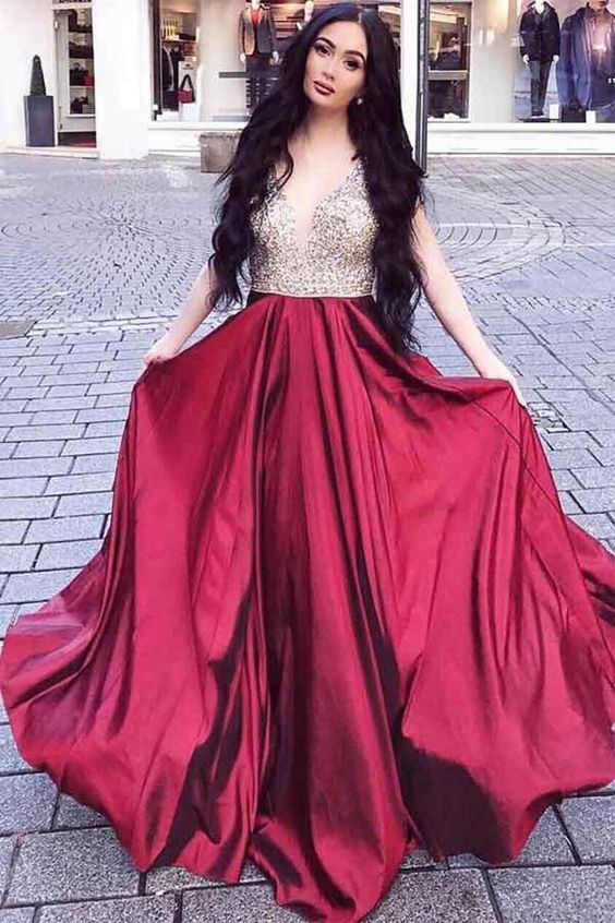 Fashion A Line V Neck Beaded Burgundy Long Prom Dresses,Charming Evening Dress,Dance Dress