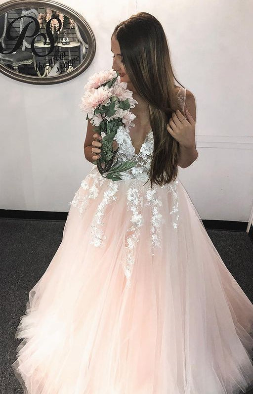 Tulle Long Prom Dress with Appliques and Beading,Prom Dresses,Pageant Dress