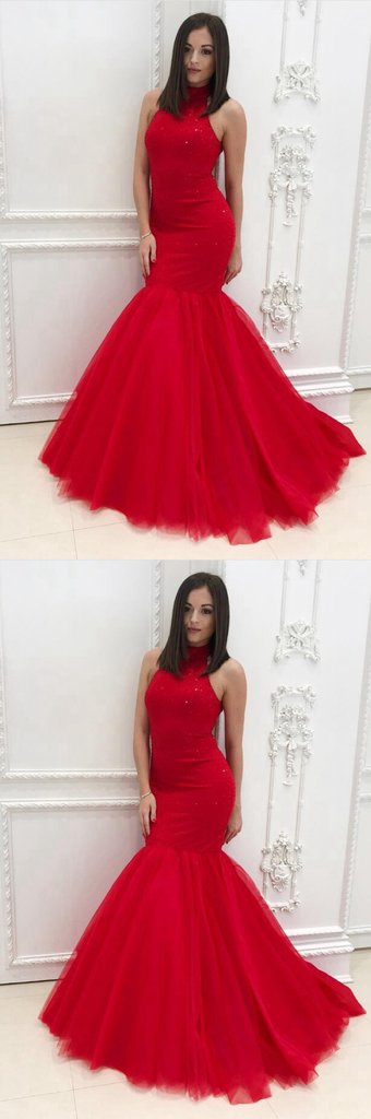 Red Fitted Prom Dress Halter Neckline, Evening Dress, Formal Dresses, Graduation School Party Dance Dress