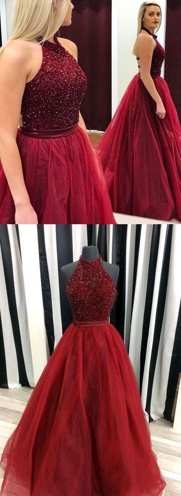 Prom Dress with Halter Neckline, Evening Gown, Graduation School Party Dress, Winter Formal Dress