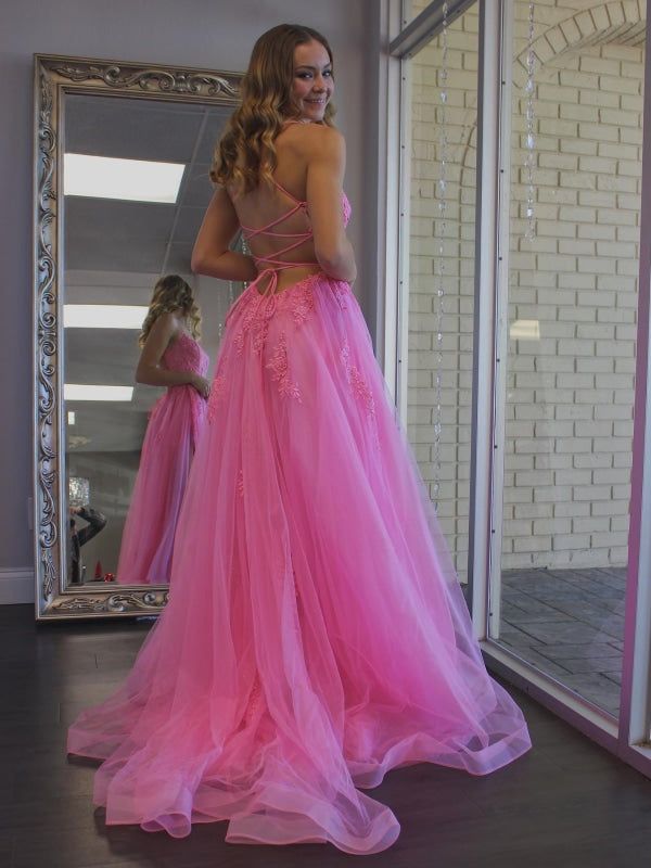 Straps Prom Dresses Long with Slit and Lace-up Back