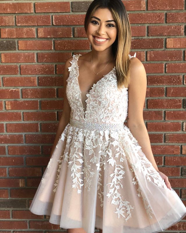 Champagne and Ivory Lace Homecoming Dress , Short Prom Dress, Formal Outfit, Back to School Party Gown
