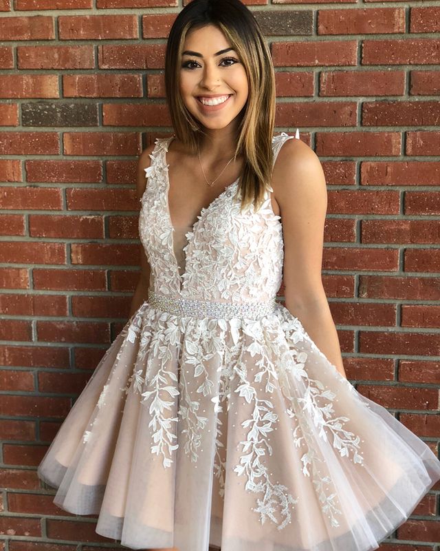 Champagne and Ivory Lace Homecoming Dress , Short Prom Dress, Formal Outfit, Back to School Party Gown