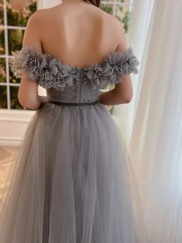 Off the Shoulder Tulle Prom Dresses Long with Flowers and Slit