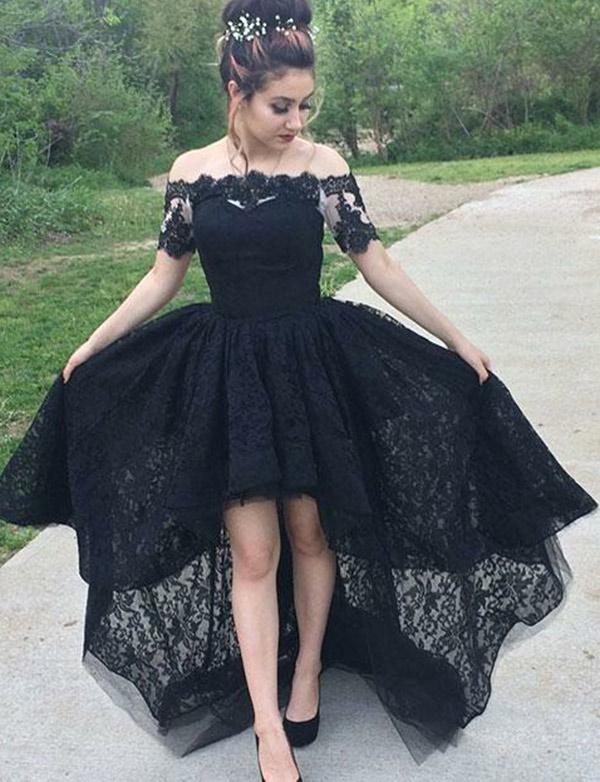 Black Lace Prom Dress High Low, Graduation School Party Dress, Winter Formal Dress