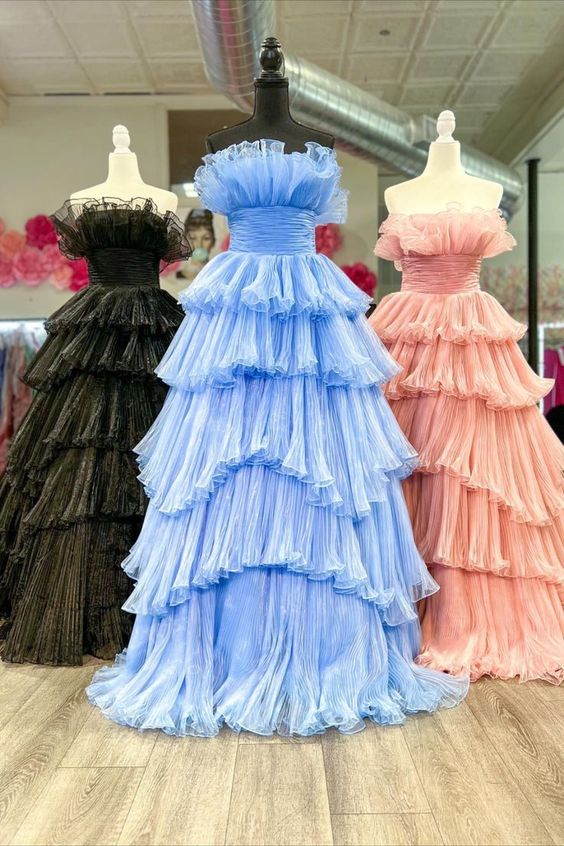 Princess Organza Pleated Long Prom Dress with Ruffle Tiered Skirt