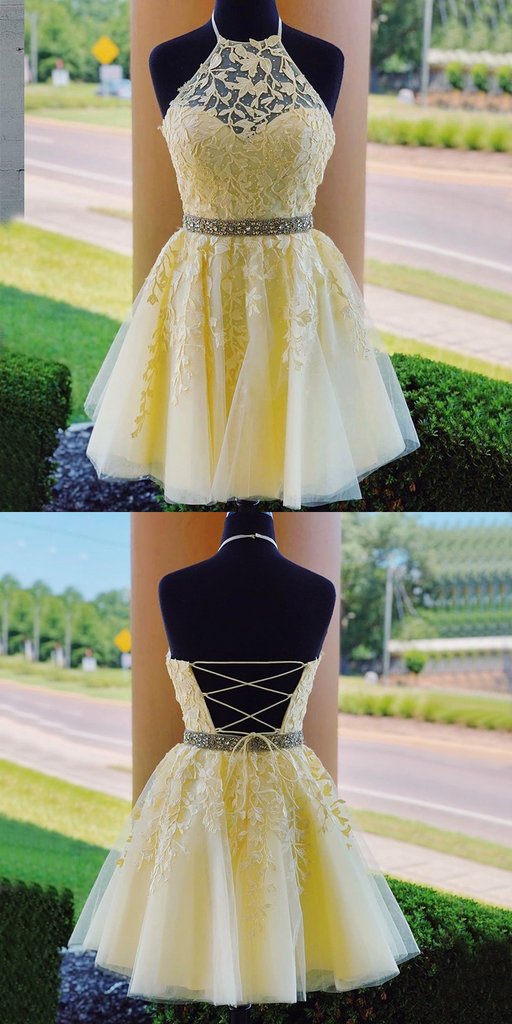 Yellow Homecoming Dress Halter Neckline, Short Prom Dress ,Back To School Party Dress, Evening Dress, Formal Dress