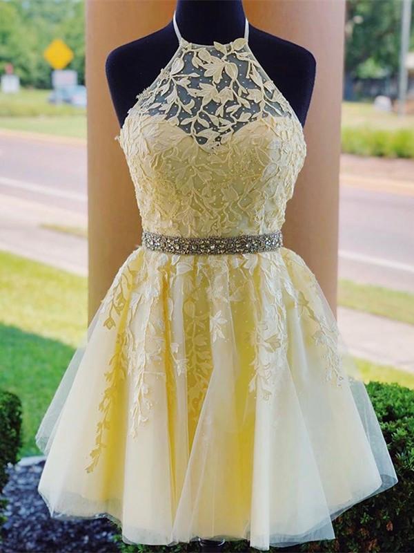 Yellow Homecoming Dress Halter Neckline, Short Prom Dress ,Back To School Party Dress, Evening Dress, Formal Dress