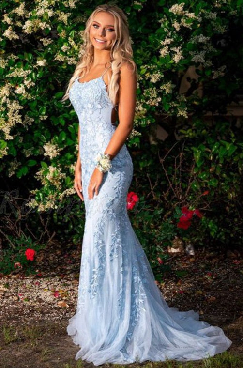 Mermaid Lace Prom Dress Sky Blue, Prom Dresses, Pageant Dress, Evening Dress, Ball Dance Dresses, Graduation School Party Gown