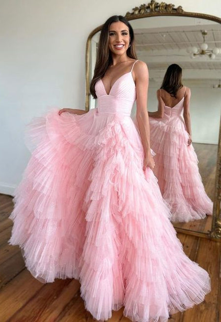 Unique Long Prom Dress Deep V Neckline with Ruffle Skirt