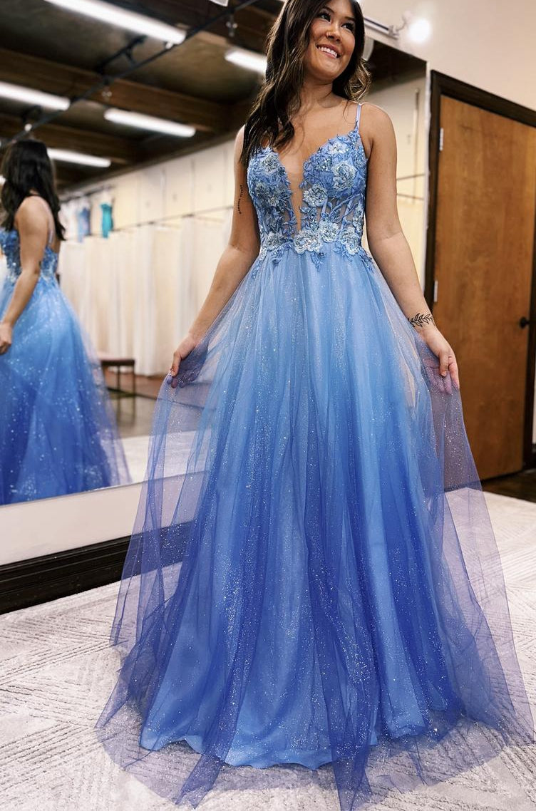 Sparkly Tulle Long Prom Dresses with Sheer Lace Bodice