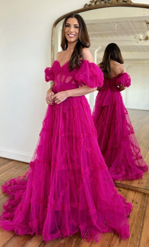 Tulle Long Prom Dresses with Sheer Corset Bodice and Balloon Sleeves