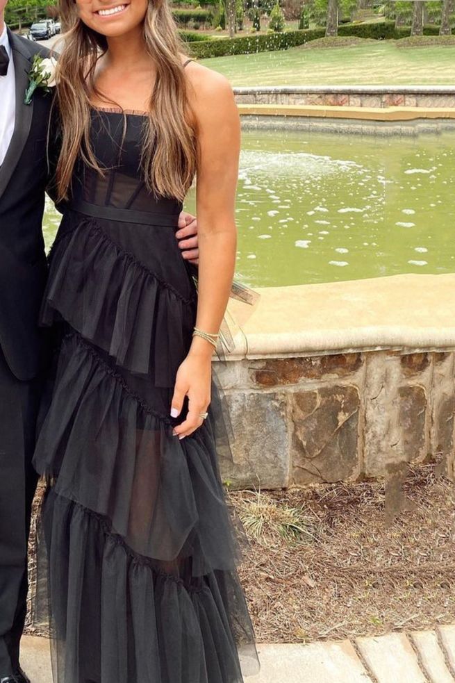 Straps Prom Dresses Long,Black Formal Gown