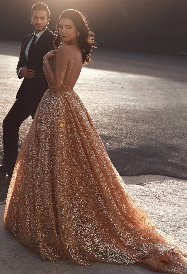 2024 Sparkly Straps Tulle Long Prom Dresses with Open Back