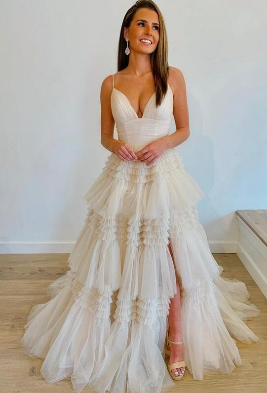 Prom Dress with Tiered Ruffle Skirt and Ruched Bodice, Wedding Dress