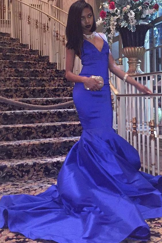 Charming Satin Mermaid Royal Blue V Neck Backless Criss Cross Long Prom Dress,Formal Dresses,Dance Dress
