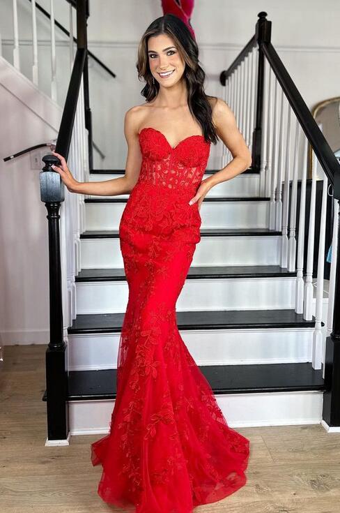 Strapless Red Leaf Lace Prom Dresses with Sheer Corset Bodice and Lace-up Back