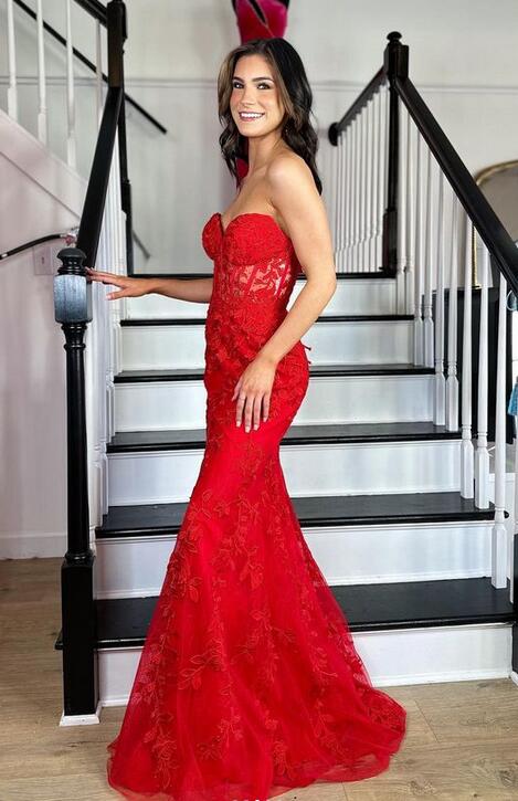 Strapless Red Leaf Lace Prom Dresses with Sheer Corset Bodice and Lace-up Back