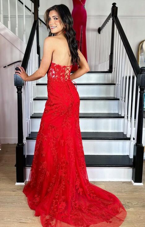 Strapless Red Leaf Lace Prom Dresses with Sheer Corset Bodice and Lace-up Back