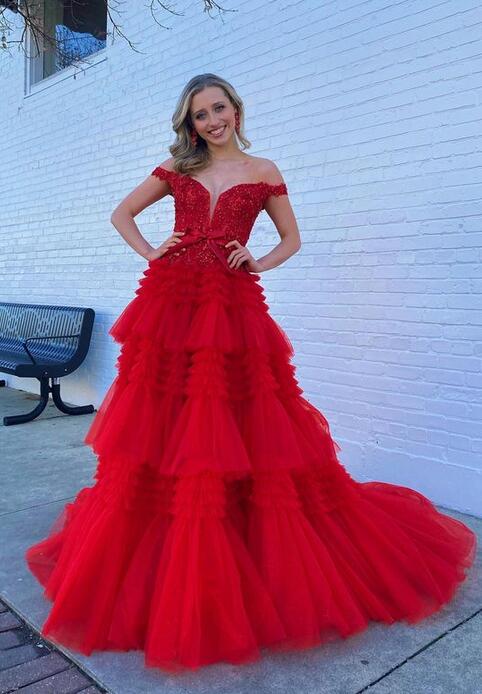 2024 Off the Shoulder Prom Dresses Long with Lace Top and Ruffle Skirt