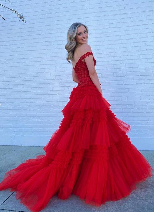 Off the Shoulder Lace Corset Long Prom Dresses with Ruffle Tulle Skirt