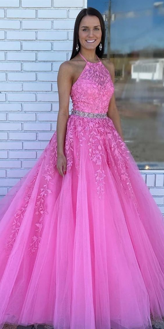 Lace Prom Dress Halter Neckline, Special Occasion Dress, Evening Dress, Dance Dresses, Graduation School Party Gown
