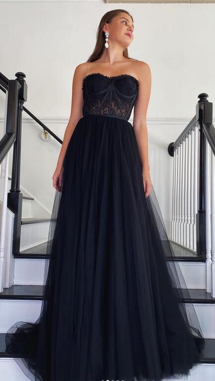 Strapless Black Prom Dresses Long, Sexy Graduation School Party Gown