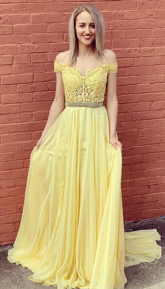 Yellow Prom Dress Off The Shoulder Straps , Dresses For Graduation Par DressesTailor Yellow Prom Dress Off The Shoulder Straps , Dresses For Graduation Par DressesTailor