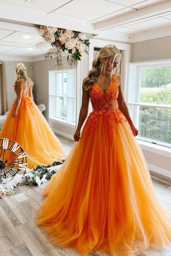 V-neck Open Back Tulle Long Prom Dress with Appliques and Beading